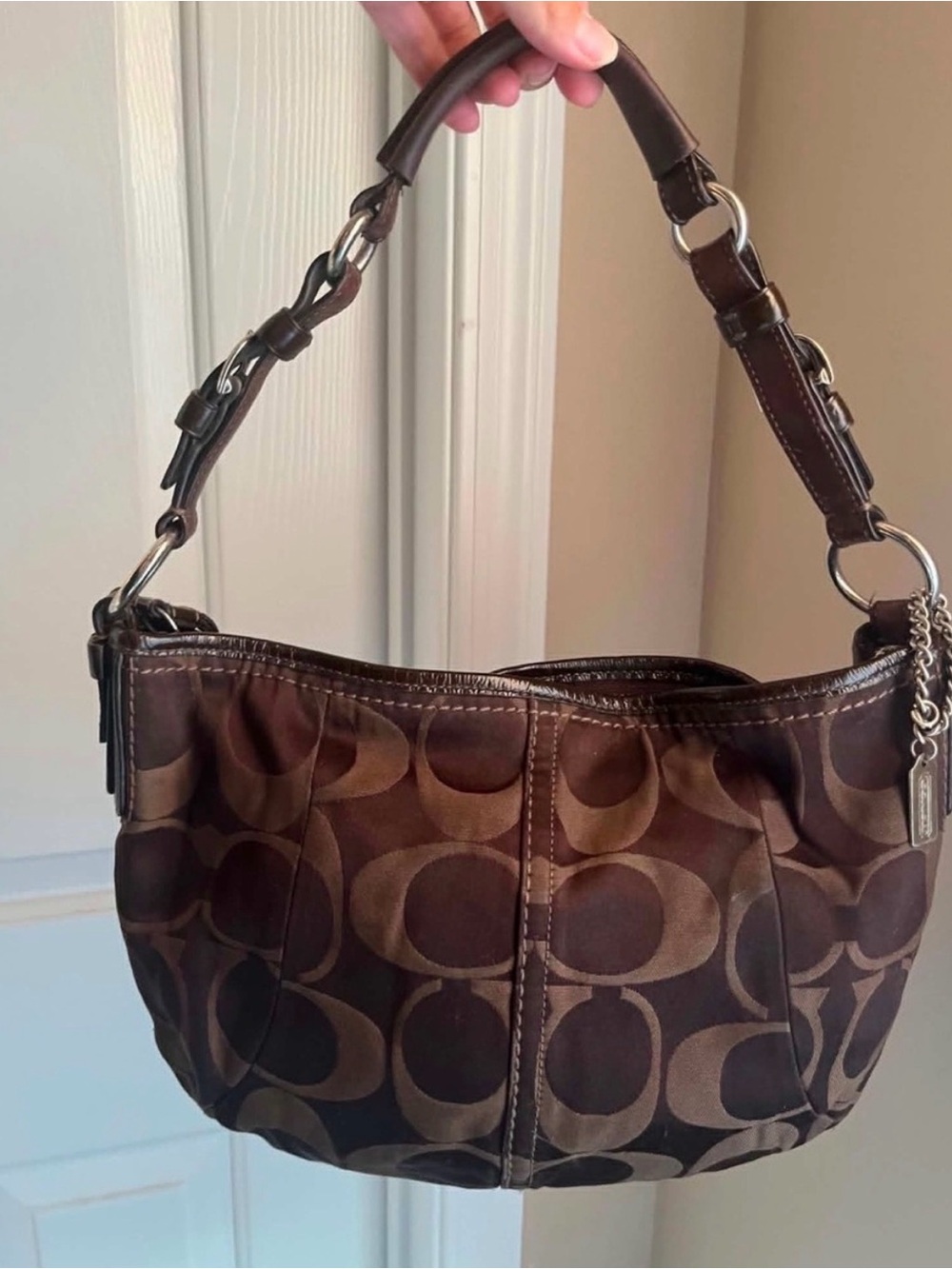 Coach Brown Signature Canvas Shoulder Bag with Leather Trim